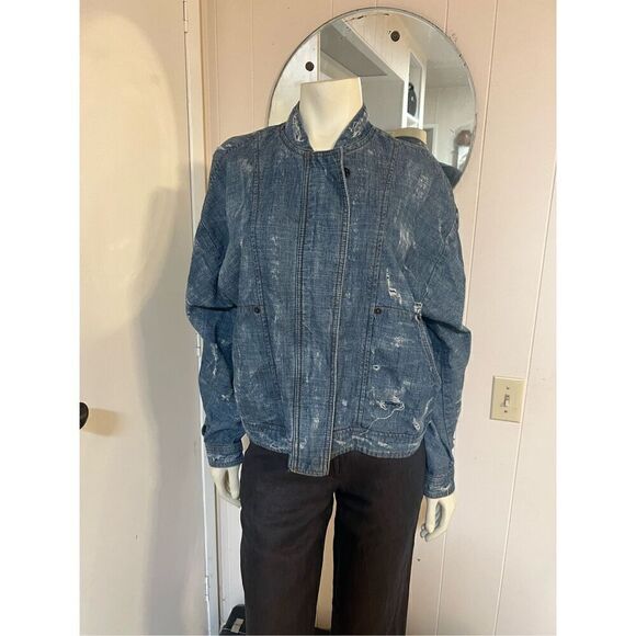 Free People Tattered Tennis Bomber Zip & Snap Front Distressed Jacket M - Picture 3 of 12